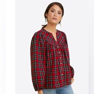 Draper James women’s angie plaid button front popover top in lipstick size S NEW